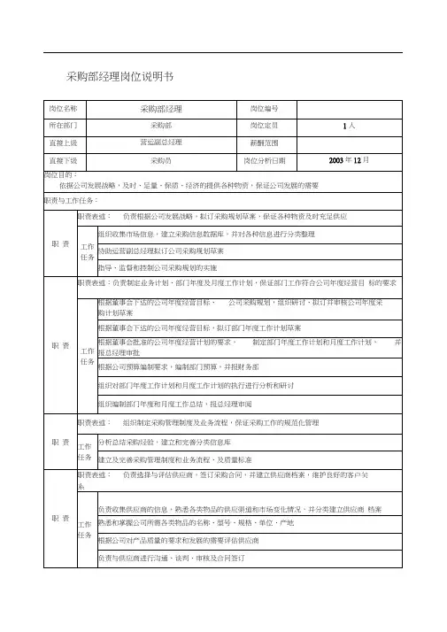 餐饮企业采购部经理岗位说明书