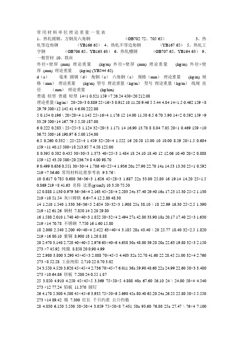 各种材料及钢模板理论重量表、计算公式(水利水电工程)