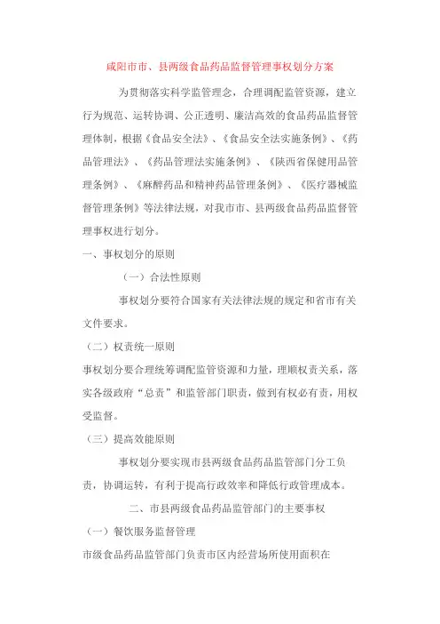 咸阳市市、县两级食品药品监督管理事权划分方案