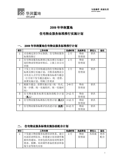 2009年华润置地住宅物业服务标准推行实施计划
