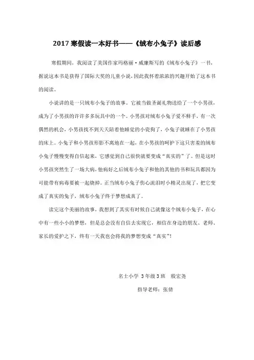 2017寒假读一本好书《绒布小兔子》读后感—名士小学3年级3班殷宏尧