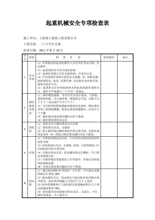 起重机械安全专项检查表