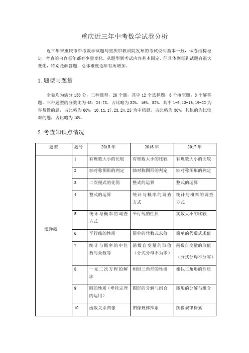 重庆近三年中考数学试卷分析