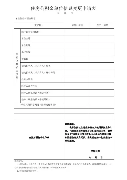 住房公积金单位信息变更申请表