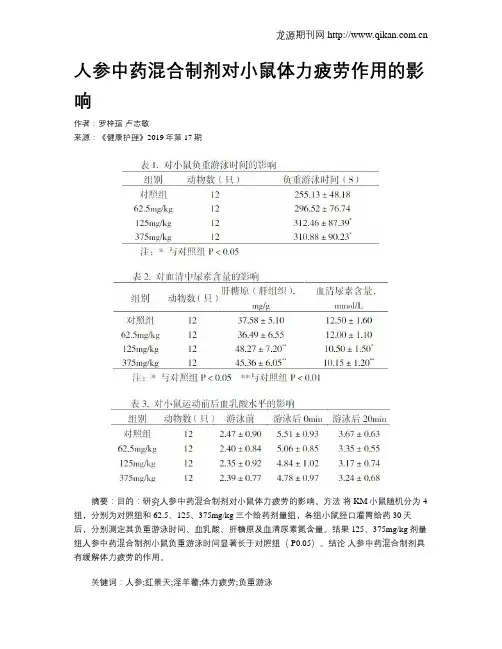 人参中药混合制剂对小鼠体力疲劳作用的影响