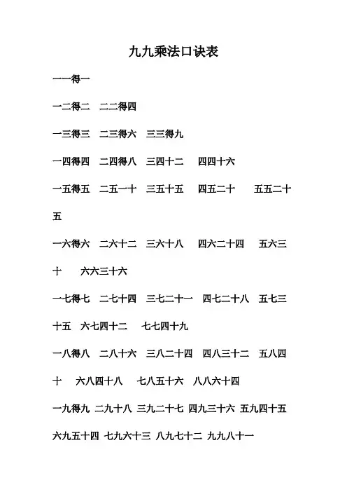 九九乘法口诀表