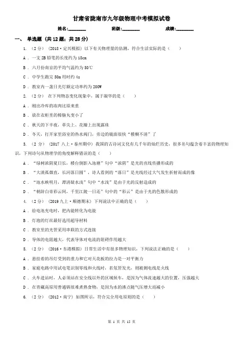 甘肃省陇南市九年级物理中考模拟试卷