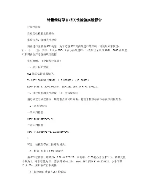 计量经济学自相关性检验实验报告