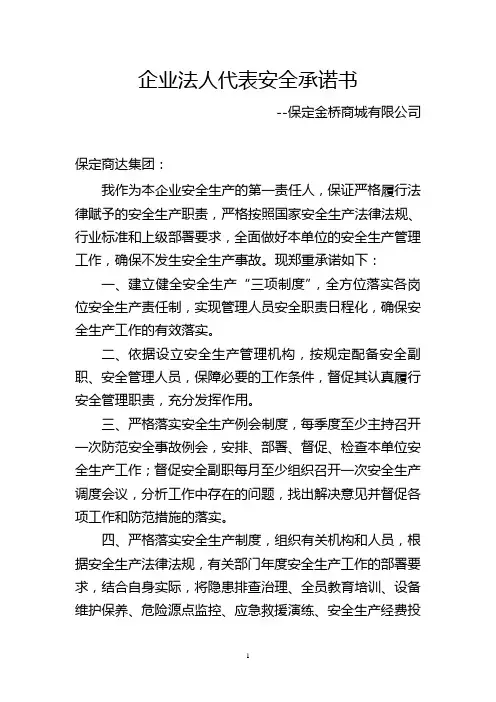 企业法人代表安全承诺书