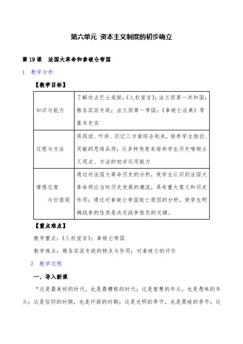 部编版历史九年级上册第19课 法国大革命和拿破仑帝国精品优质课教案