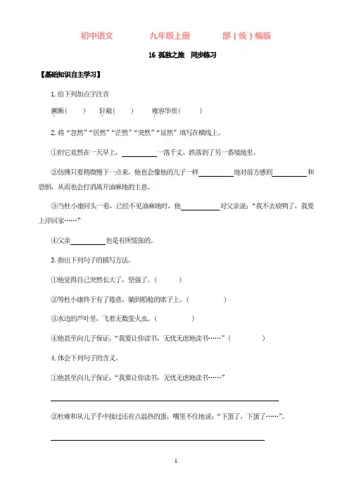 部编版语文九年级上册16孤独之旅同步练习