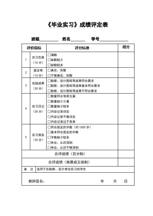 毕业实习成绩评定表