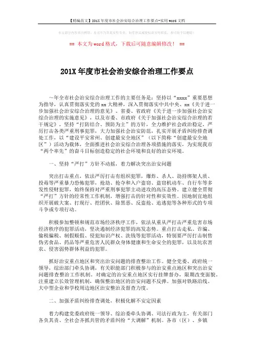 【精编范文】201X年度市社会治安综合治理工作要点-实用word文档 (2页)