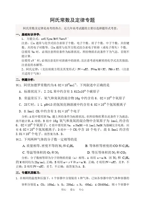 高中化学 阿佛加德罗常数及阿佛加德罗定律专题