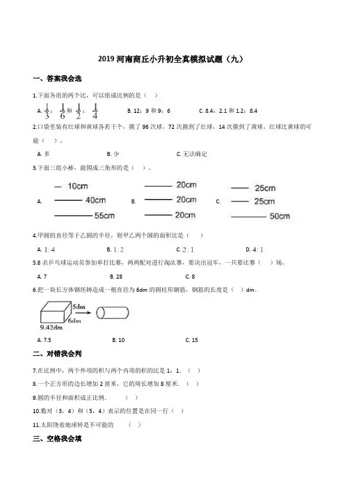 六年级下册数学试题--2019河南商丘小升初全真模拟试题(九) 人教新课标(2014秋) 含答案