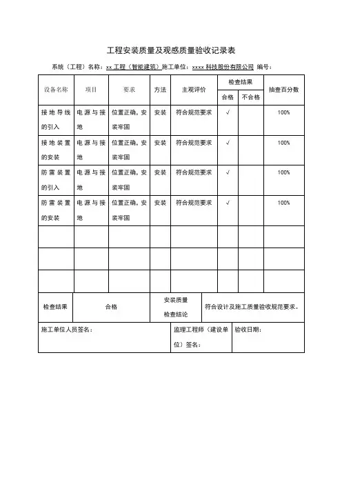 工程安装质量及观感质量验收记录表