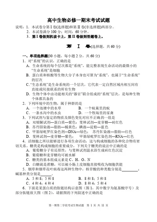 (完整版)高中生物必修一期末考试试题及答案