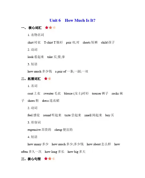 陕旅版五年级英语上册Unit 6 How Much Is It 知识清单