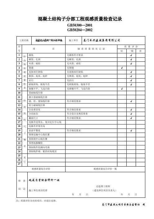 混凝土结构子分部工程观感质量检查记录