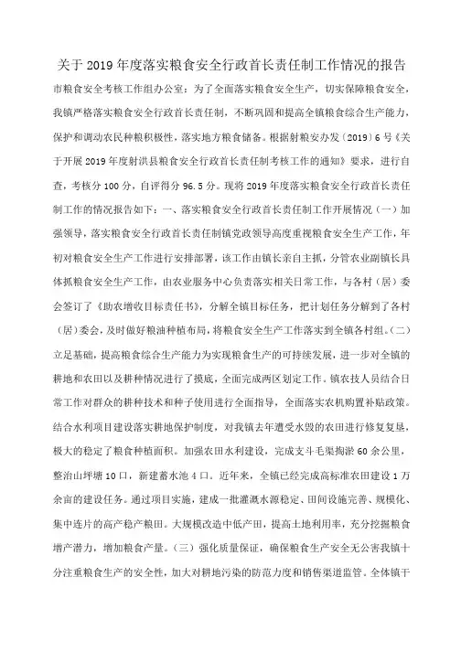 小度写范文关于2019年度落实粮食安全行政首长责任制工作情况的报告模板