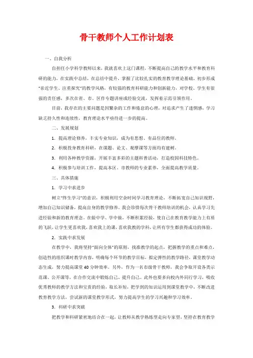 骨干教师个人工作计划表
