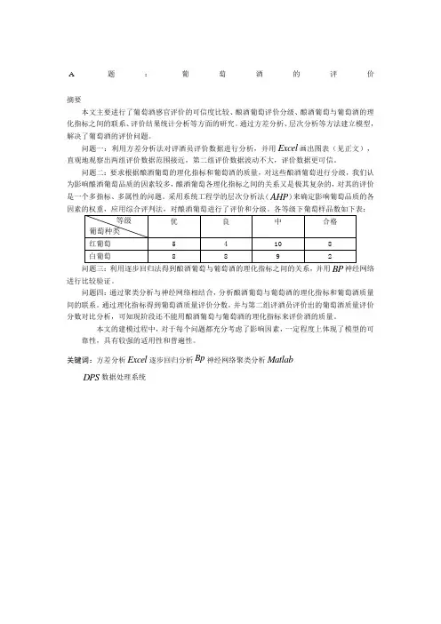 数学建模 葡萄酒评价