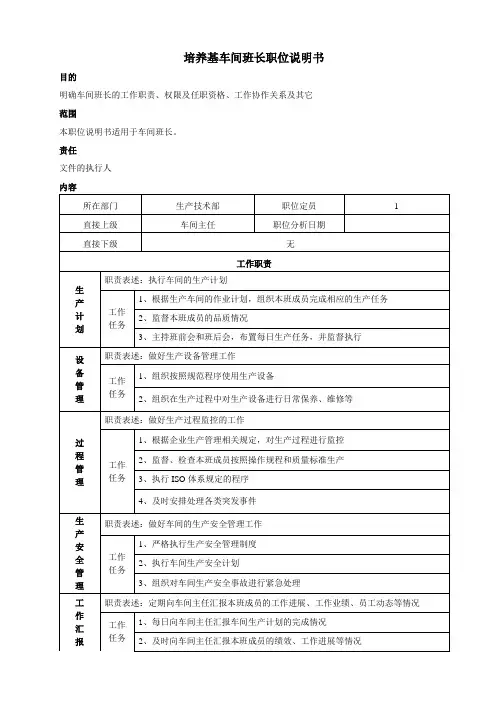 车间班长职位说明书