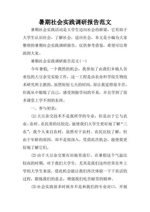 暑期社会实践调研报告范文