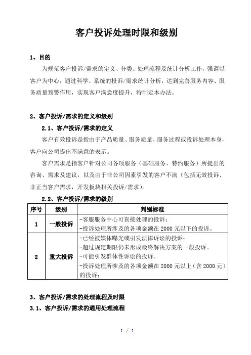 客户投诉处理时限和级别