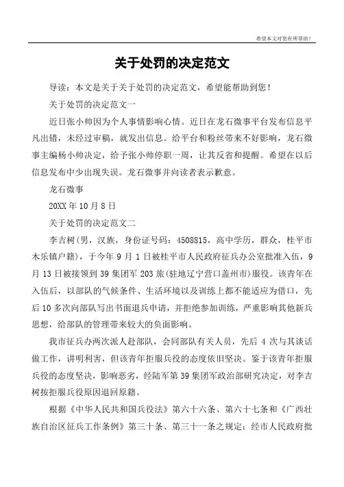 关于处罚的决定范文 2