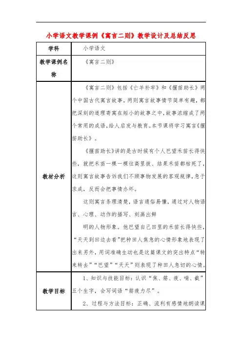 小学语文教学课例《寓言二则》课程思政核心素养教学设计及总结反思