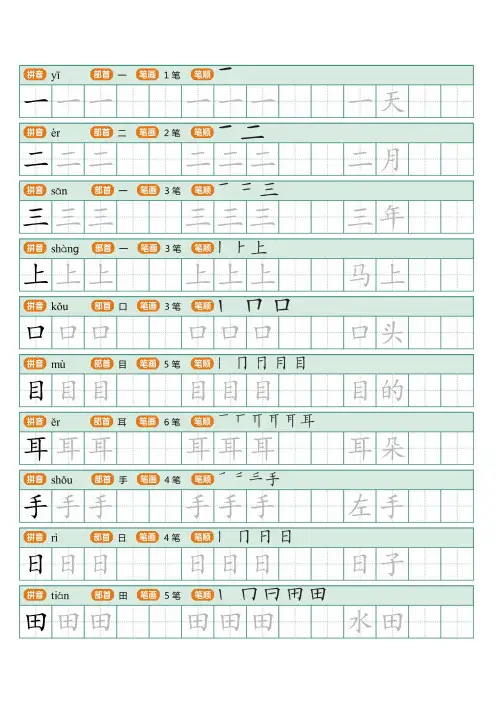 部编版语文一年级上册写字表描红字帖(10页,田字格,带拼音部首笔画笔顺组词)
