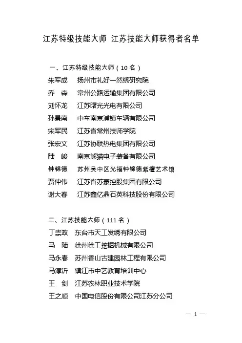 江苏特级技能大师、江苏技能大师获得者名单