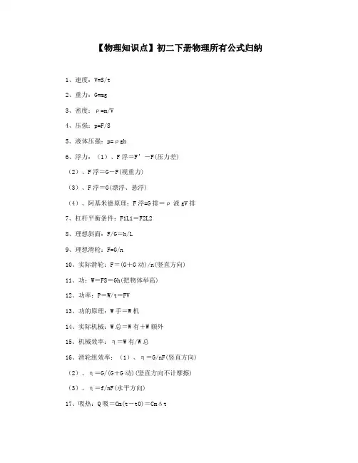 【物理知识点】初二下册物理所有公式归纳