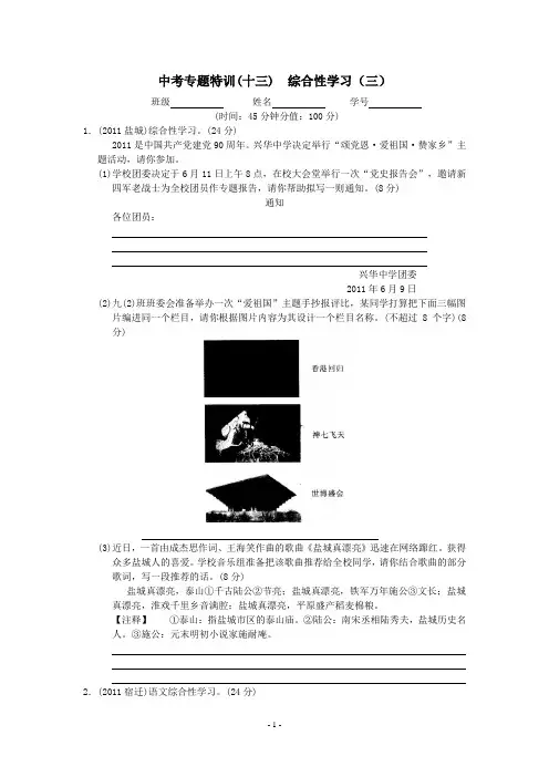 2012年语文中考专题特训13 综合性学习(三)