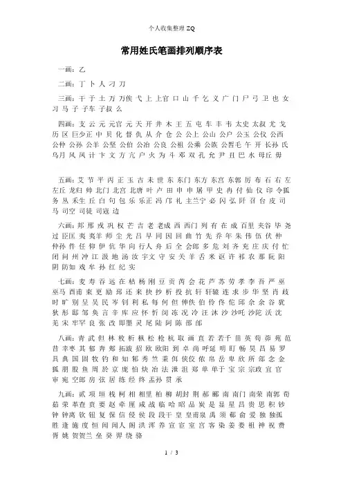 常用姓氏笔画排列顺序表