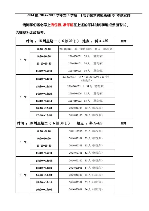 2014级2014~2015学年第2学期《电子技术实验基础I》考试