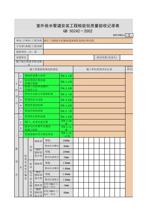 001-室外给水管道安装工程检验批质量验收记录表