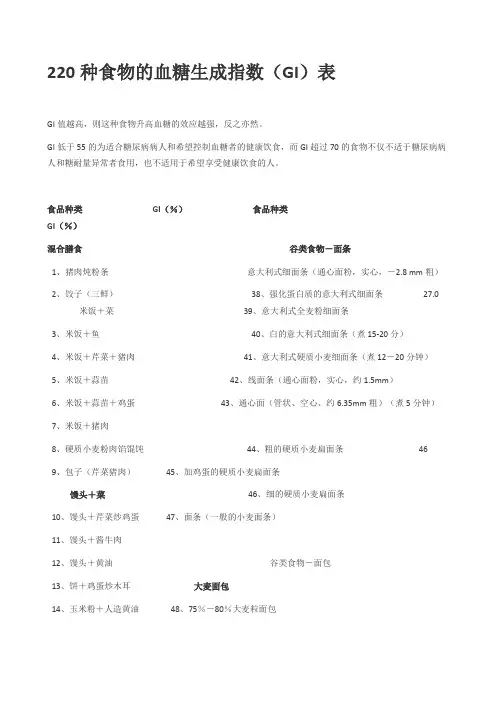 220种食物的血糖生成指数