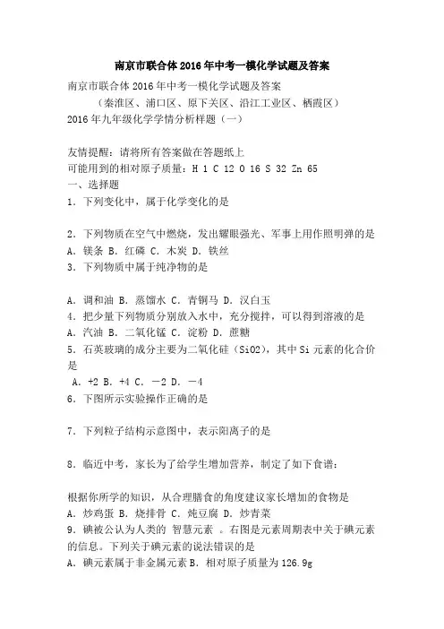 南京市联合体2016年中考一模化学试题及答案