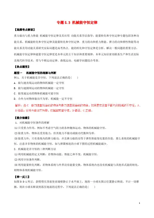 高考物理专题复习：机械能守恒定律