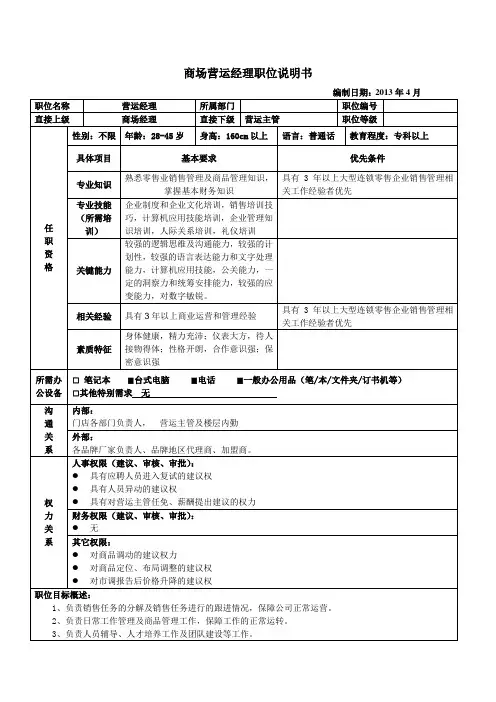商场营运经理岗位职责