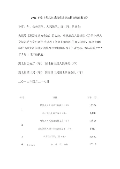 湖北省道路交通事故人身损害赔偿标准