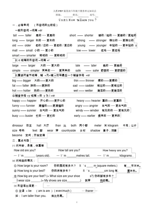 新人教版(PEP)小学英语六年级下册各单元知识点总结