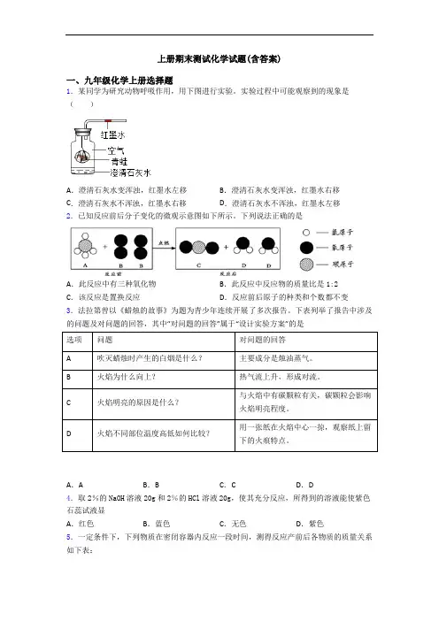 初三化学上册期末测试化学试题(含答案)