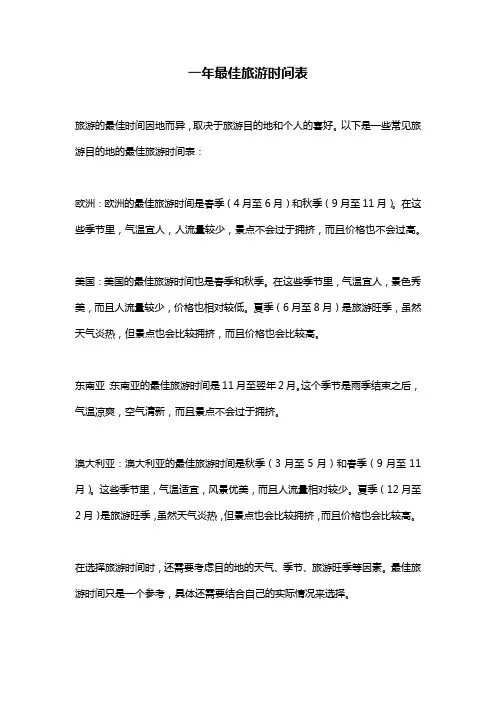 一年最佳旅游时间表