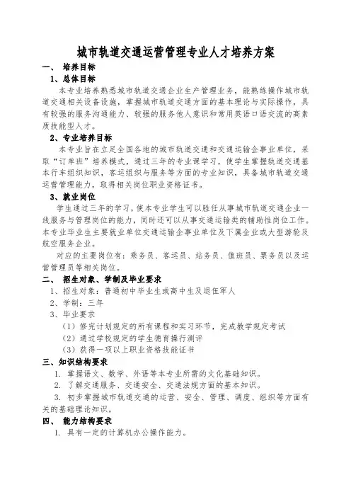 城市轨道交通运营管理专业人才培养方案