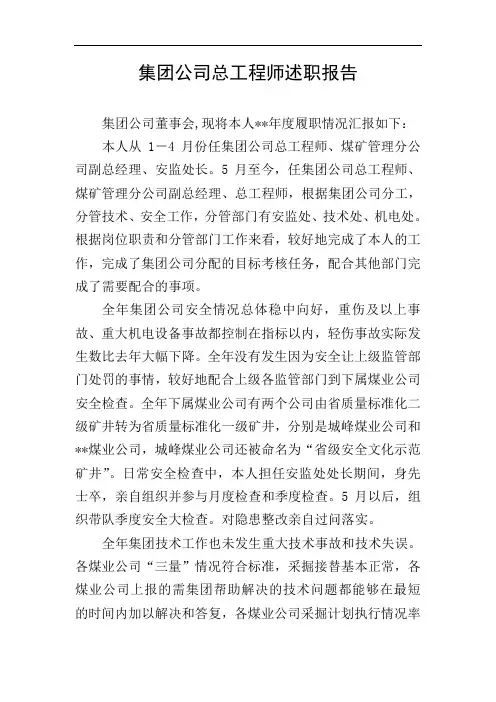 集团公司总工程师述职报告