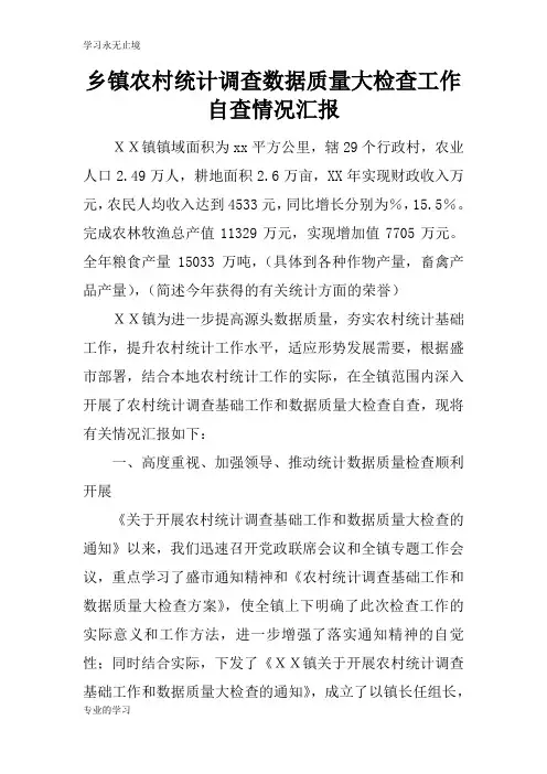 乡镇农村统计调查数据质量大检查工作自查情况汇报