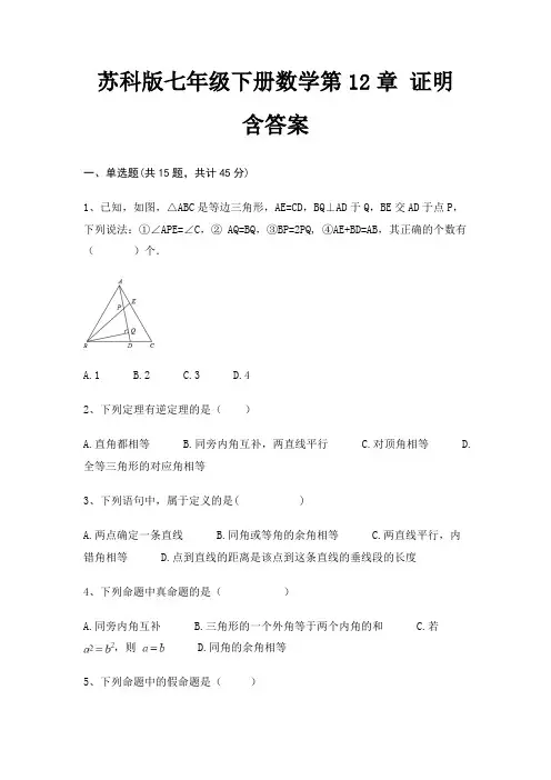 苏科版七年级下册数学第12章 证明 含答案